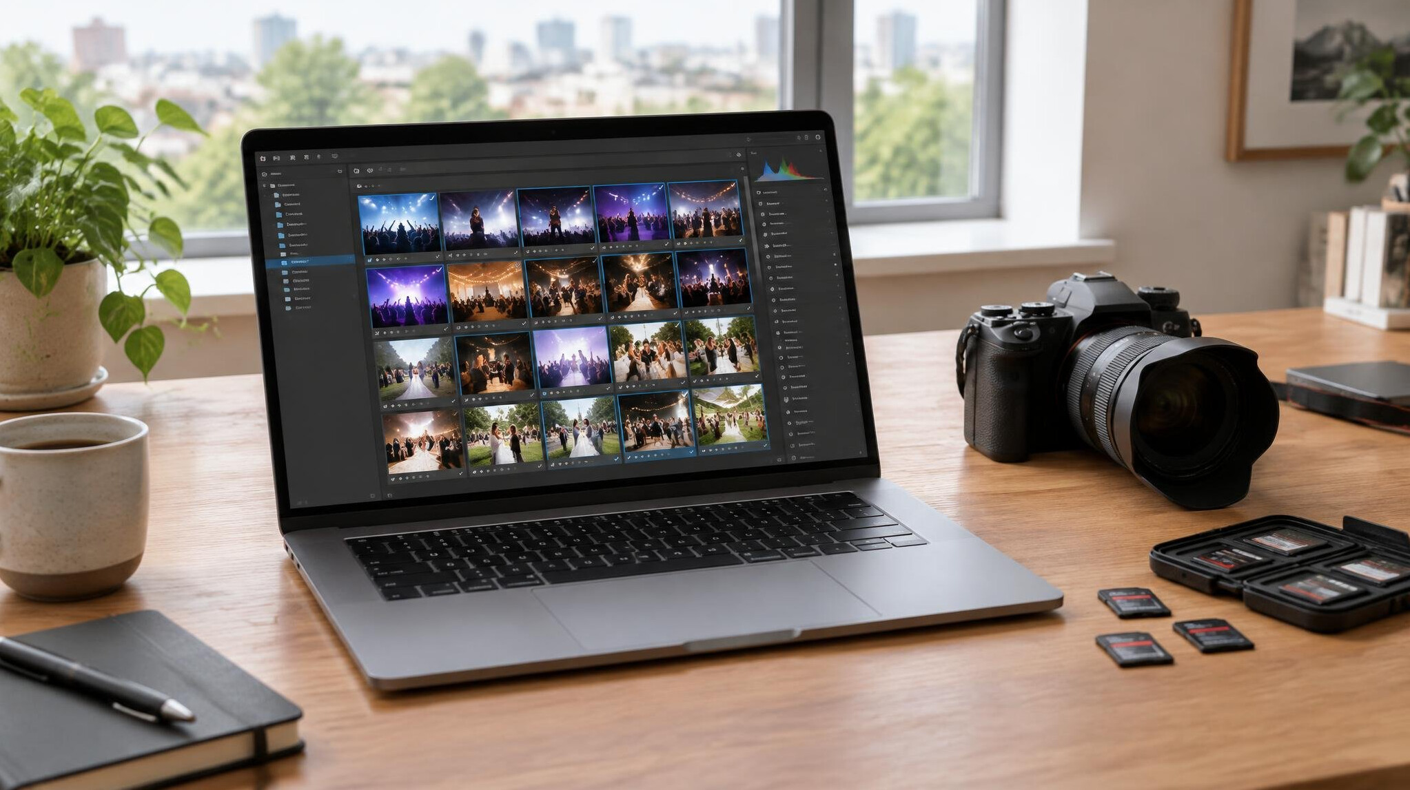 Photo editor selecting event pictures on a laptop